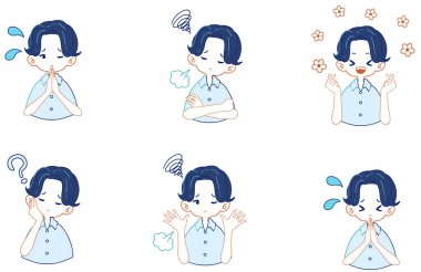 Takım elbiseli bir çocuğun çeşitli ifadelerinin çizimleri.