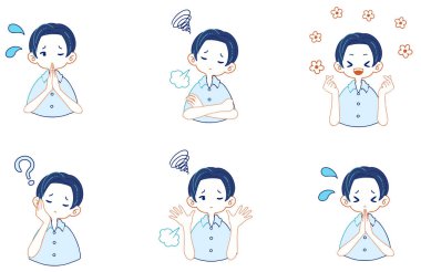 Takım elbiseli bir çocuğun çeşitli ifadelerinin çizimleri.