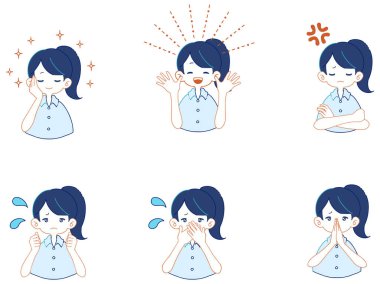 Illustration set of various expressions of a girl in a suit shirt
