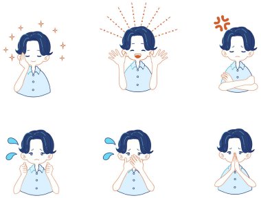 set of illustrations of various facial expressions of boys in suits shirts