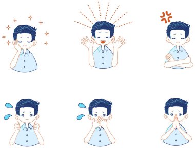 set of illustrations of various facial expressions of boys in suits shirts