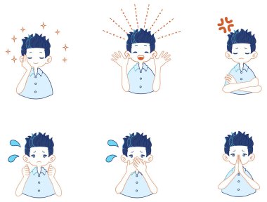 set of illustrations of various facial expressions of boys in suits shirts