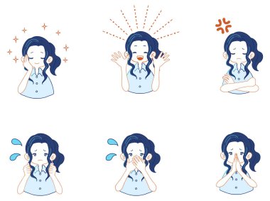 Illustration set of various expressions of a girl in a suit shirt
