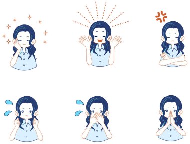 Illustration set of various expressions of a girl in a suit shirt