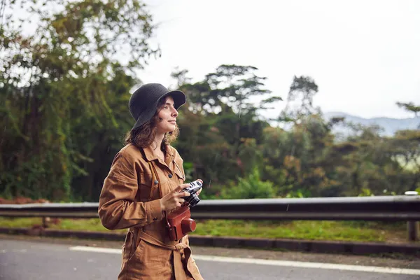 stock image Beautiful young female caucasian tourist in equatorial africa jungles