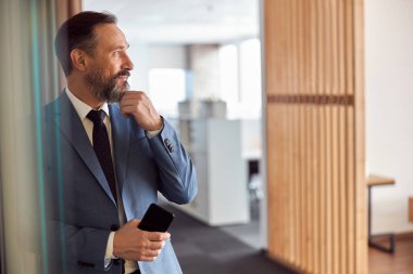 Mutlu yetişkin beyaz adam modern bir ofiste çalışıyor.