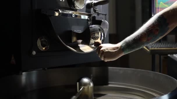 Coffee sample roasting in roaster factory — Stock Video