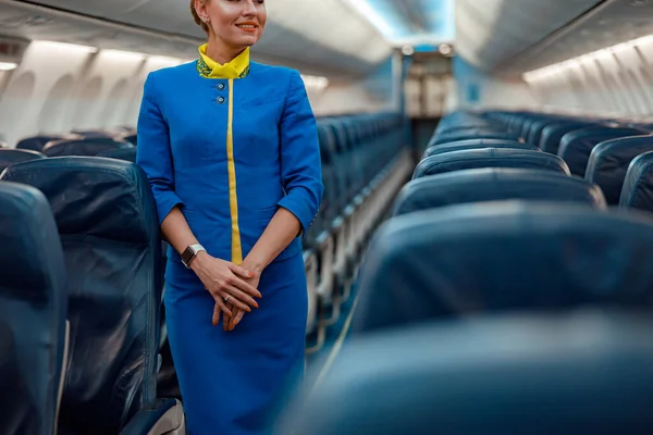 Assistente de bordo sorridente em pé na cabine de passageiros da aeronave — Fotografia de Stock