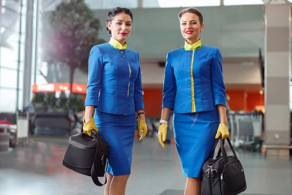 Stewardesses with travel bags standing in airport terminal — Stock Photo, Image