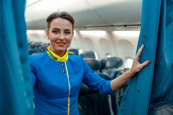 Mulher alegre aeromoça de pé em cabine de avião de passageiros — Fotografia de Stock