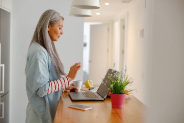 Evde modern taşınabilir defter kullanan bir kadın.