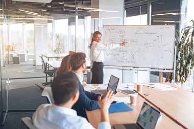 Yetenekli gülümseyen kadın lider ilgili iş adamlarına koçluk yapıyor, ofiste sunum yapıyor.