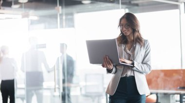 Mature businesswoman at office with group of colleagues on background, working on laptop