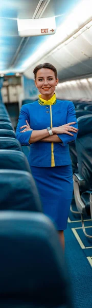 Joyful Flight Attendant Air Hostess Uniform Keeping Arms Crossed Smiling — Stock Photo, Image