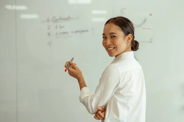 Portret Kobiety Biznesu Azjatyckiego Tle Planowania Projektu Flipboard Wykresami Biznesowymi — Zdjęcie stockowe