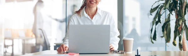 Portrait Smiling Lady Boss Working Laptop Workplace Modern Office Blurred — 스톡 사진