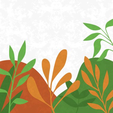 Çiçek ve geometrik elementlerin arka planına sahip modaya uygun bir şablon. Doğal renkli şekilli, modern, soyut, pürüzsüz desen. Yapraklar ve desenler. Paket kağıdı, tekstil baskısı, duvar kağıdı için düz biçim vektör çizimi.