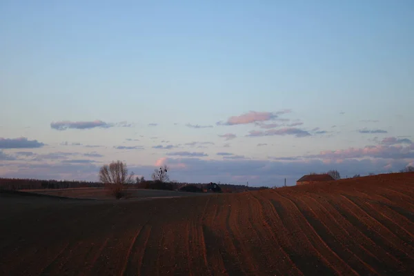 Pôr Sol Claro Primavera Sobre Terras Agrícolas — Fotografia de Stock