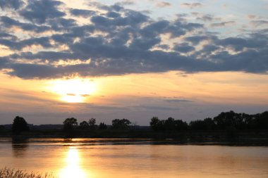 A dry tree is lying on the bank of the river, it is sunset.