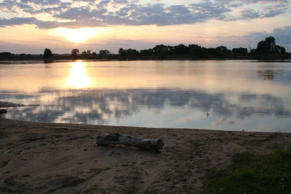 Сухе Дерево Лежить Березі Річки Захід Сонця — стокове фото