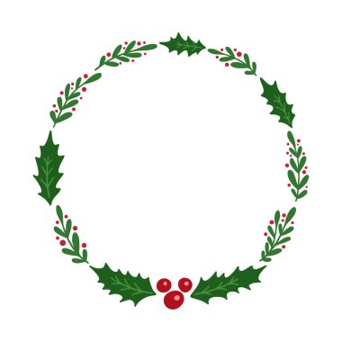 Noel çelengi, ökseotu, böğürtlen. Beyaz arkaplanda izole edilmiş daire çerçeve çizimi.