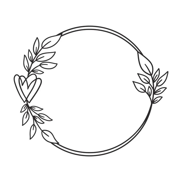 Kalp Yapraklarla Çizimi Çiçek Çelengi Monogram Düğün Logosu Davetiye Kartpostal — Stok Vektör