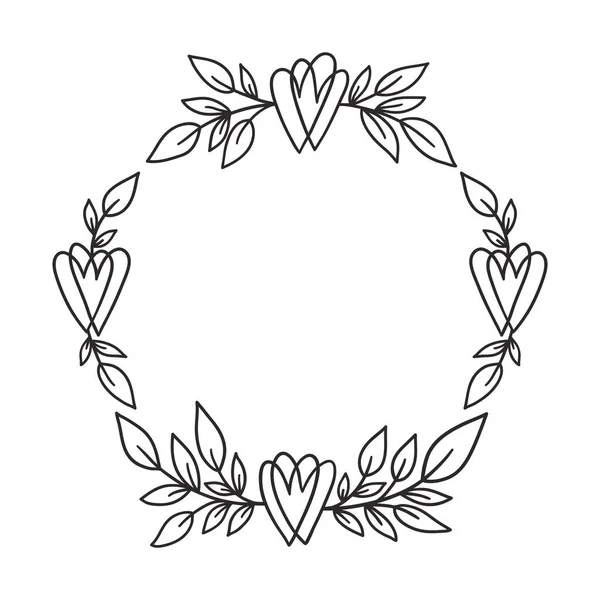 Corona floral dibujada a mano con corazón y hojas. — Archivo Imágenes Vectoriales