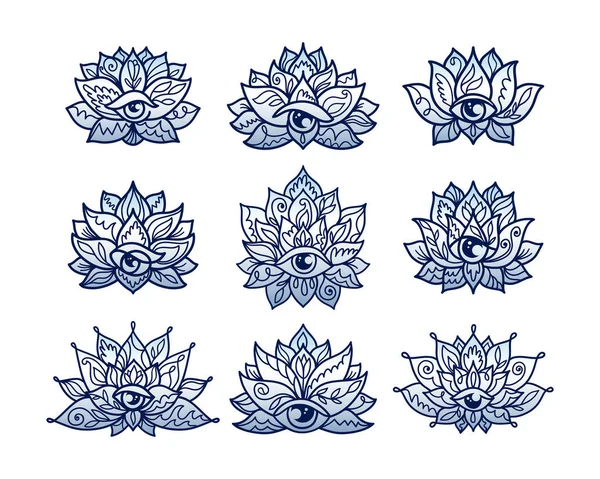 Conjunto de patrones de flores de loto ornamentales con tercer ojo — Archivo Imágenes Vectoriales