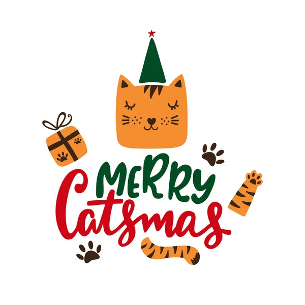メリー キャッツマスのレタリングベクトルイラスト 猫顔のクリスマス書道テキスト ストックベクター