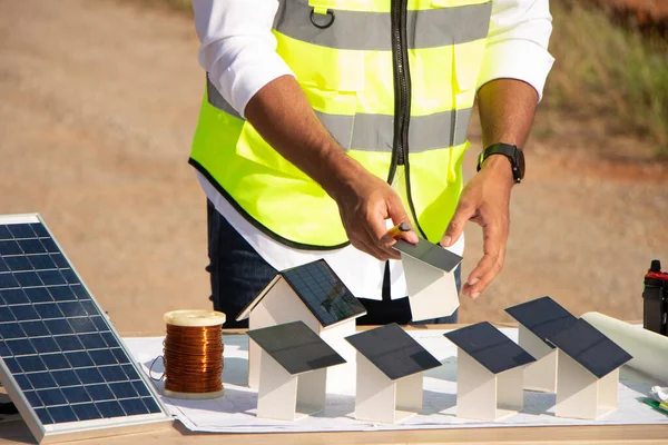 Engineer Team Working Wind Turbine Farm Solar Cell Renewable Energy — Zdjęcie stockowe