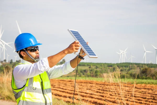 Engineer Team Working Wind Turbine Farm Solar Cell Renewable Energy — Zdjęcie stockowe