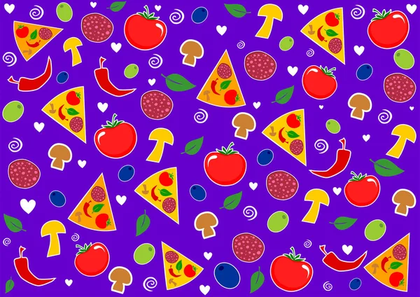 Kusursuz desenli, elle çizilmiş pizza elementleri. vektör illüstrasyonu. 