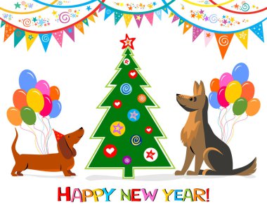 Mutlu yeni yıl kartı ile şirin köpek