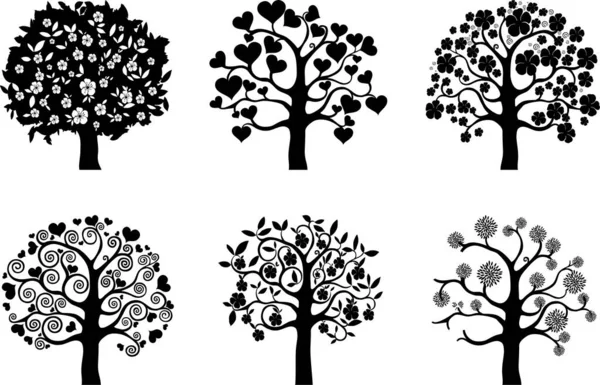 Satz Schwarzer Bäume Auf Weißem Hintergrund — Stockvektor