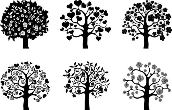 Satz Schwarzer Bäume Auf Weißem Hintergrund — Stockvektor