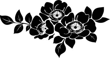 Çiçek ve yapraklı siyah ve beyaz çiçek kompozisyonu, vektör illüstrasyonu