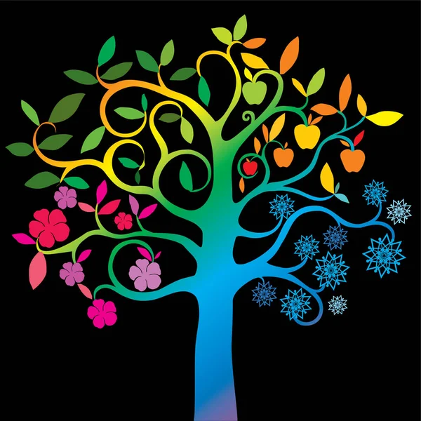 Vektorillustration Eines Bunten Baumes Mit Blättern Und Blumen — Stockvektor