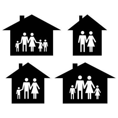 Siluet aile simgesi ve beyaz arka planda izole edilmiş ev. Görüntü