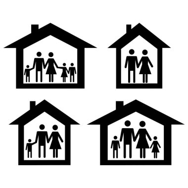 Siluet aile simgesi ve beyaz arka planda izole edilmiş ev. Görüntü