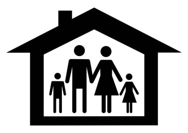 Siluet aile simgesi ve beyaz arka planda izole edilmiş ev. Vektör illüstrasyonu