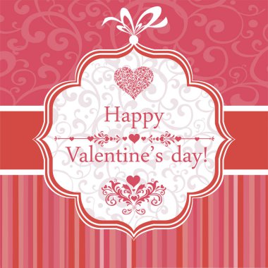 Sevgililer Günü kartı tasarımı. Kırmızı arka planda fiyonklu bir tebrik kartı. Vektör İllüstrasyonu