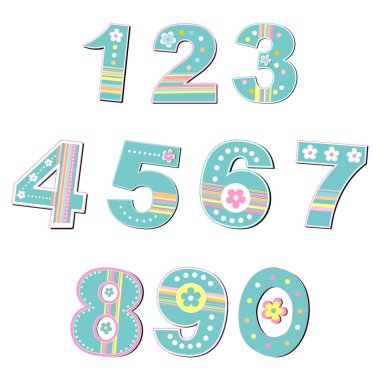 Beyaz arkaplanda izole edilmiş renkli sayılar belirlendi. resimleme