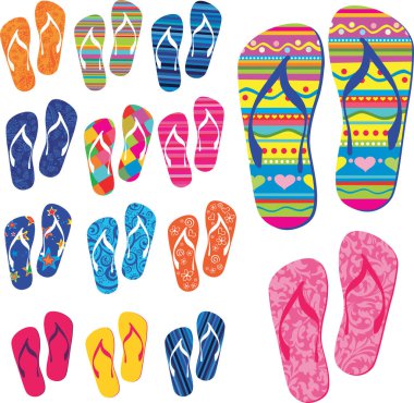 Beyaz arka planda izole edilmiş renkli parmak arası terlikler. Tasarım elementleri koleksiyonu. resimleme