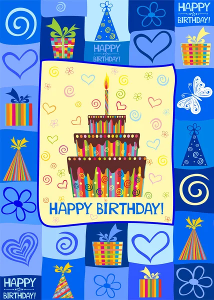 Carte Anniversaire Célébration Fond Bleu Avec Gâteau Anniversaire Boîtes Cadeaux — Image vectorielle