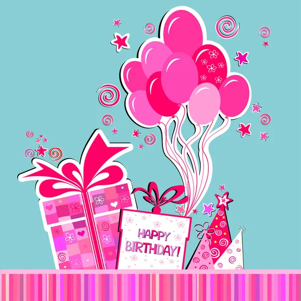 Happy Birthday Greeting Card Celebration Mint Background Gift Boxes Pink — Stock Vector