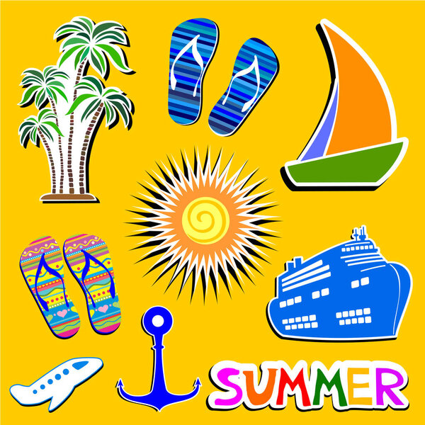 Лето на желтом фоне. Коллекция элементов дизайна. Иллюстрация
