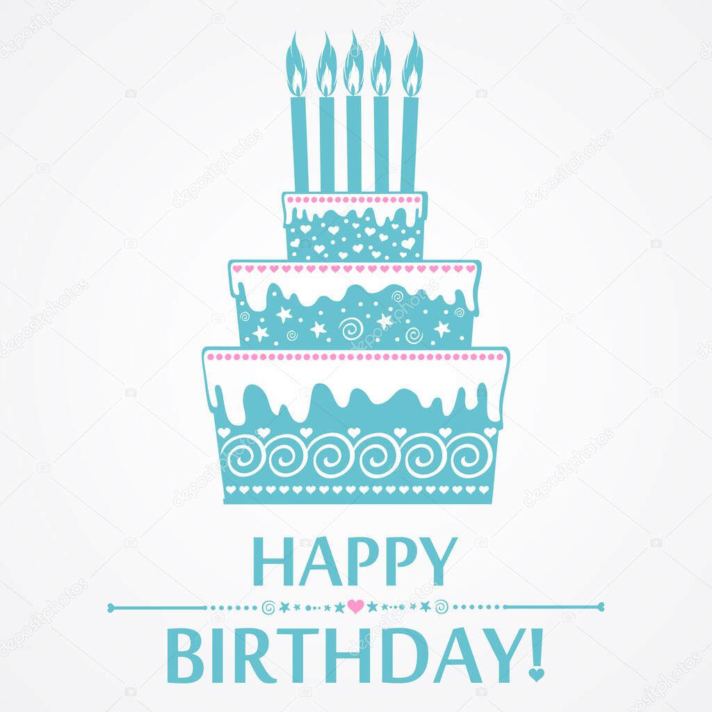 Happy birthday card. Birthday Cake with 5 candles. Vector Illustration