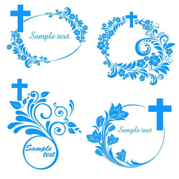 Conjunto Marcos Florales Con Cruces Cristianas Ilustración Vectorial — Vector de stock