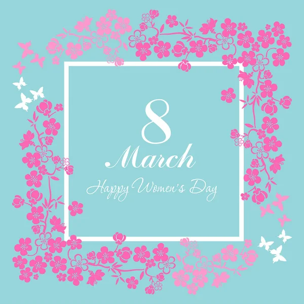 Ευτυχισμένη Ημέρα Γυναικών Ευχετήρια Κάρτα Λουλούδια Και Φύλλα Της 8Ης — Διανυσματικό Αρχείο