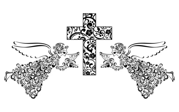 Шаблон Листівки Силуетами Ангела Хреста Сток Векторні Ілюстрації Білому Чорному — стоковий вектор